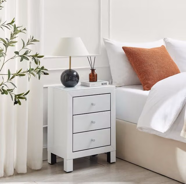 FurnitureboxUK Lexi Large Wooden Bedside Table with 3 Drawers and Modern White Mirrored Finish – 1
