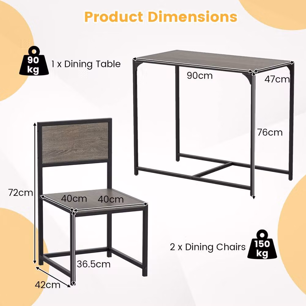 Costway Industrial 3-Piece Dining Set with Rectangular Kitchen Table and 2 Chairs in Grey – 2