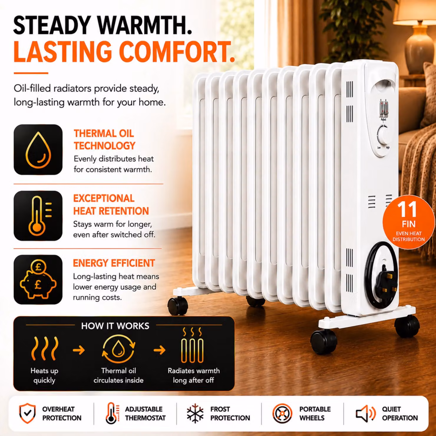 MYLEK 2.5kW Electric Oil Filled Portable Radiator with Adjustable Thermostat in White – 3