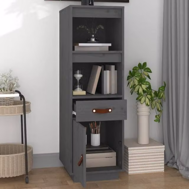 Berkfield Home Grey Solid Wood Pine Highboard with Hinged Doors and Internal Shelves, W/D/H: 34 x 40 x 108.5 cm