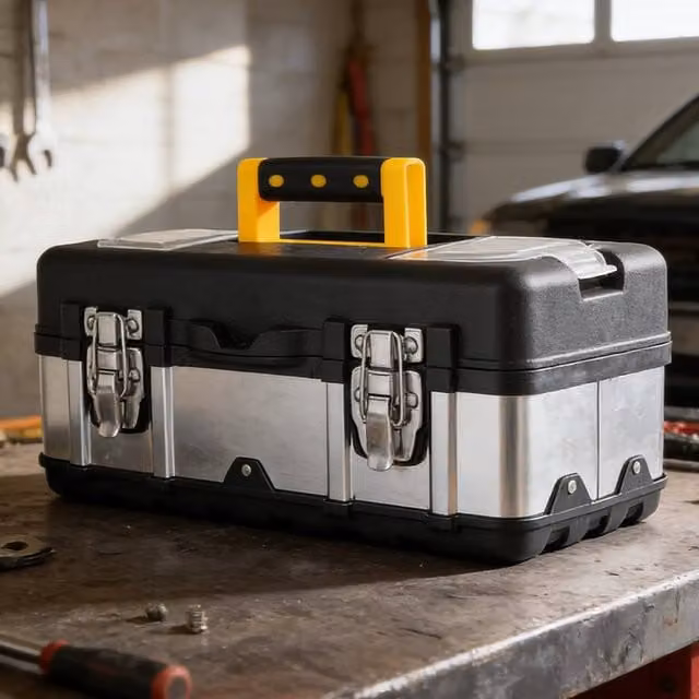 Ventryn Heavy Duty Tool Storage Box Chest in Black and Multicolour with Stainless Steel and Plastic Inserts W/D/H: 40.0 x 18.0 x 18.0 cm