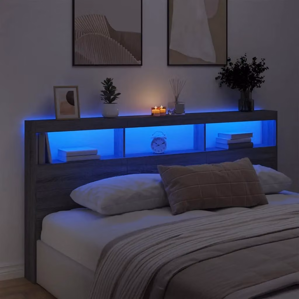 Berkfield Home Modern Wall-Mounted Headboard Cabinet with LED Lighting and USB Charging Port in Grey Sonoma, W/D/H: 200 x 17 x 102 cm – 3