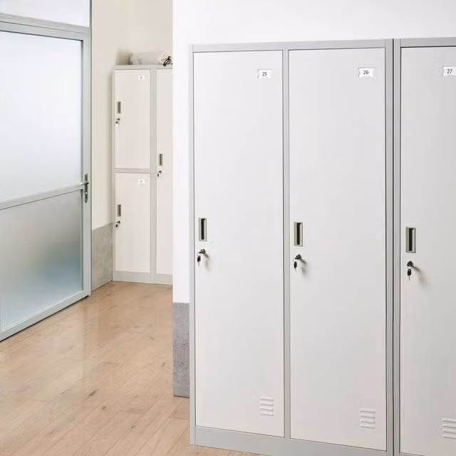 Wyld and Coco Two-Door Lockable Metal Storage Locker in White and Grey, W90 x D45 x H180 cm