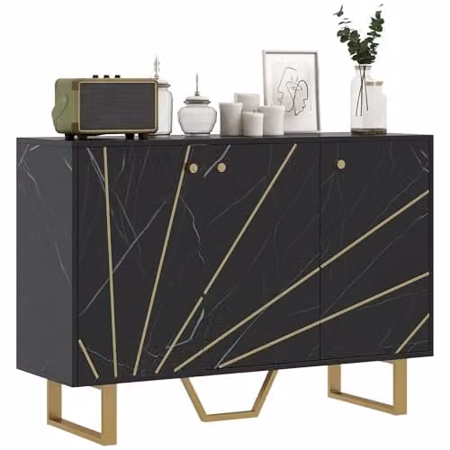 HOMCOM Modern Sideboard Storage Cabinet with Metal Legs in Black and Gold