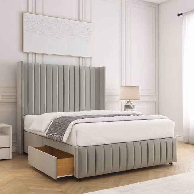 BSSPOKE Luna Plush Velvet Divan Bed with 54 inch Headboard, 2 Drawers, Footend and Mattress in Silver Grey, Size: 180 x 200 cm