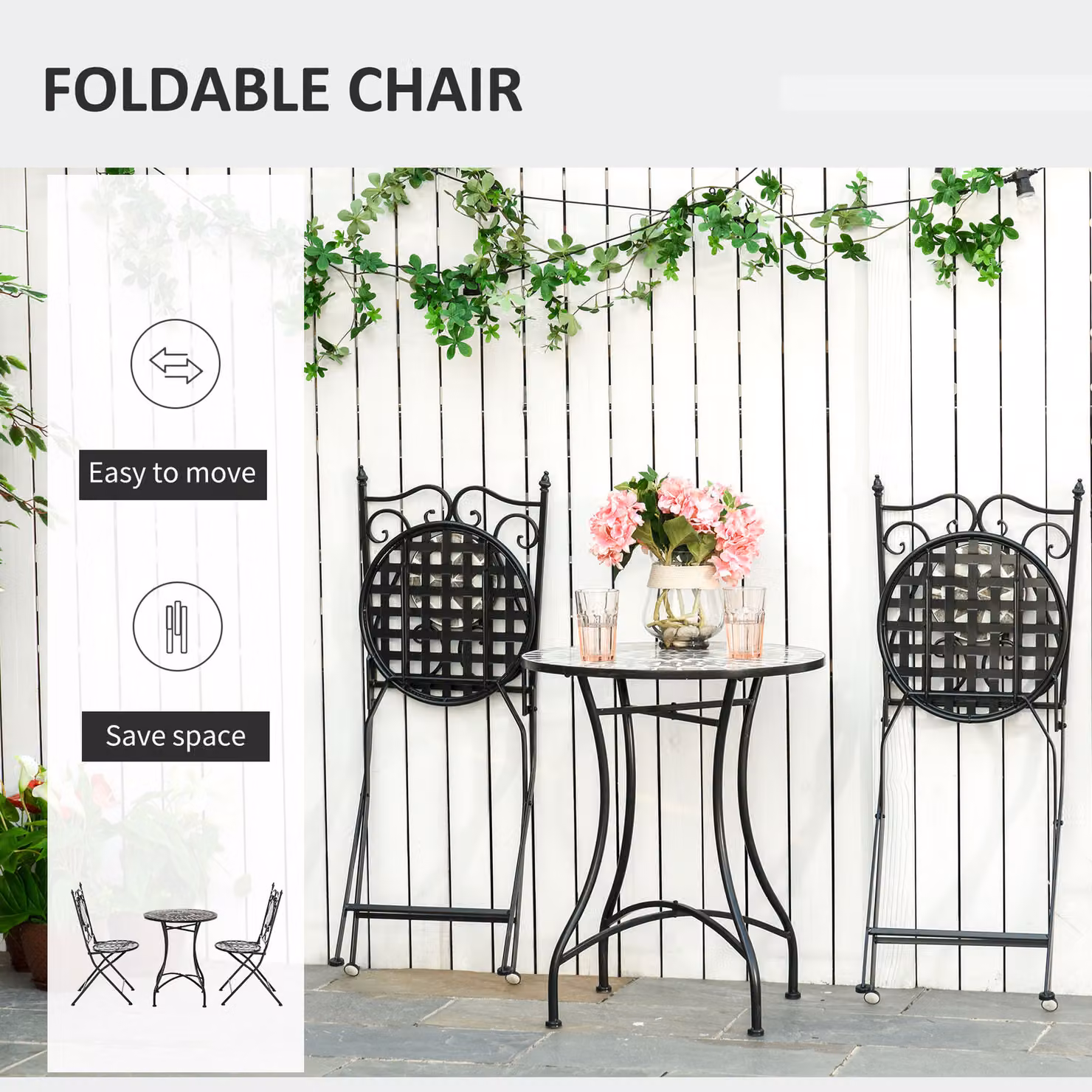 Outsunny 3 Piece Mosaic Tile Garden Bistro Set with Round Ceramic Table and 2 Folding Metal Chairs in Black – 3