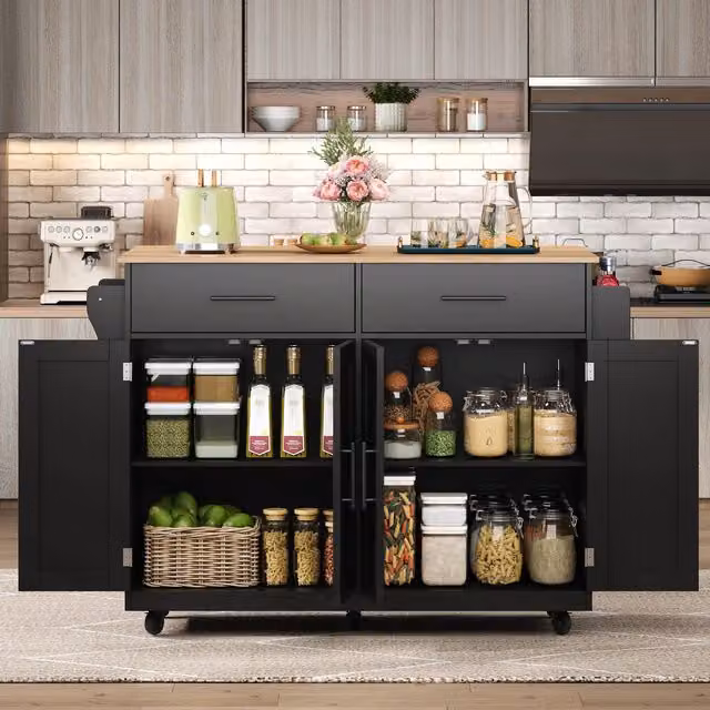 Aosom UK Contemporary Kitchen Storage Trolley with Foldable Dropleaf and Towel Holders, Black and Natural, W: 71 cm, D: 71 cm, H: 91.5 cm – 1