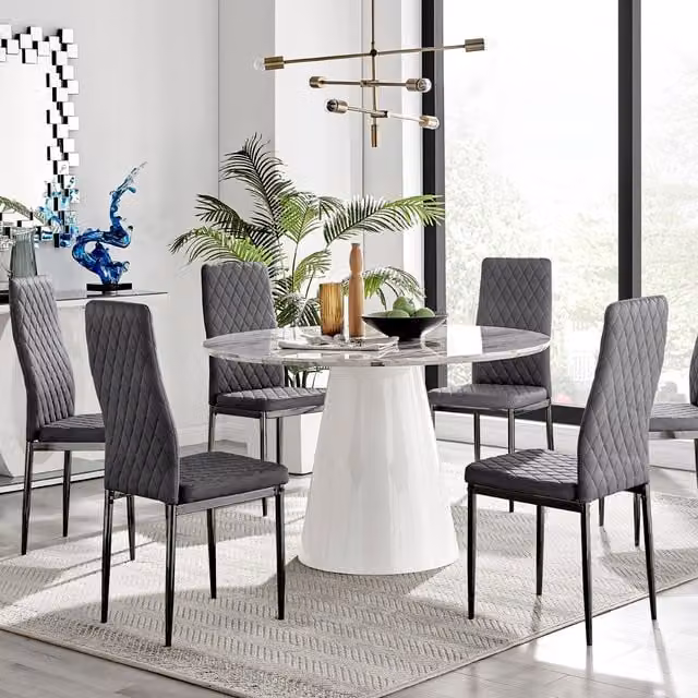FurnitureboxUK Palma Marble Effect Round Dining Table and 6 Grey Velvet Milan Chairs