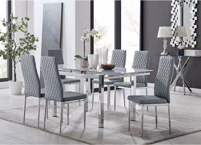 FurnitureboxUK Enna White Glass Extending Modern Rectangular Kitchen Dining Table and 6 Milan Grey Chairs