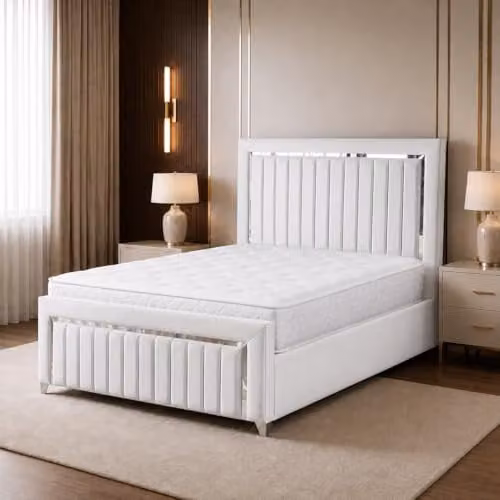Living Comfort Bedz Zurich Plush Velvet Bed in White with Silver Trim, 6FT Super King Slat Base