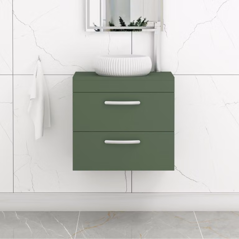 Royal Bathrooms Turin 600mm Wall Hung Vanity Unit with 2 Drawers and Milan Countertop Basin in Matt Green with Matt Black Handles