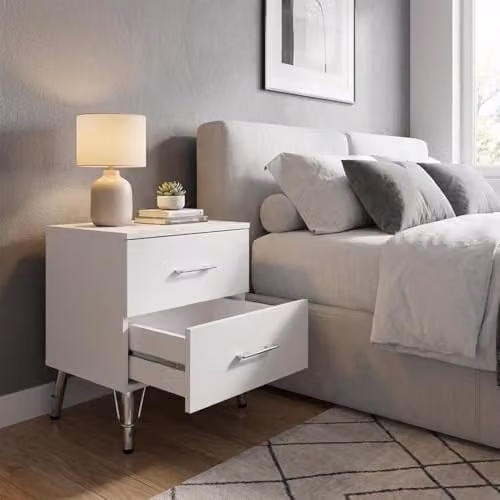 FWStyle Maldon White 2 Drawer Bedside Table with Metal Legs, H54 x W45 x D41.5 cm – 3