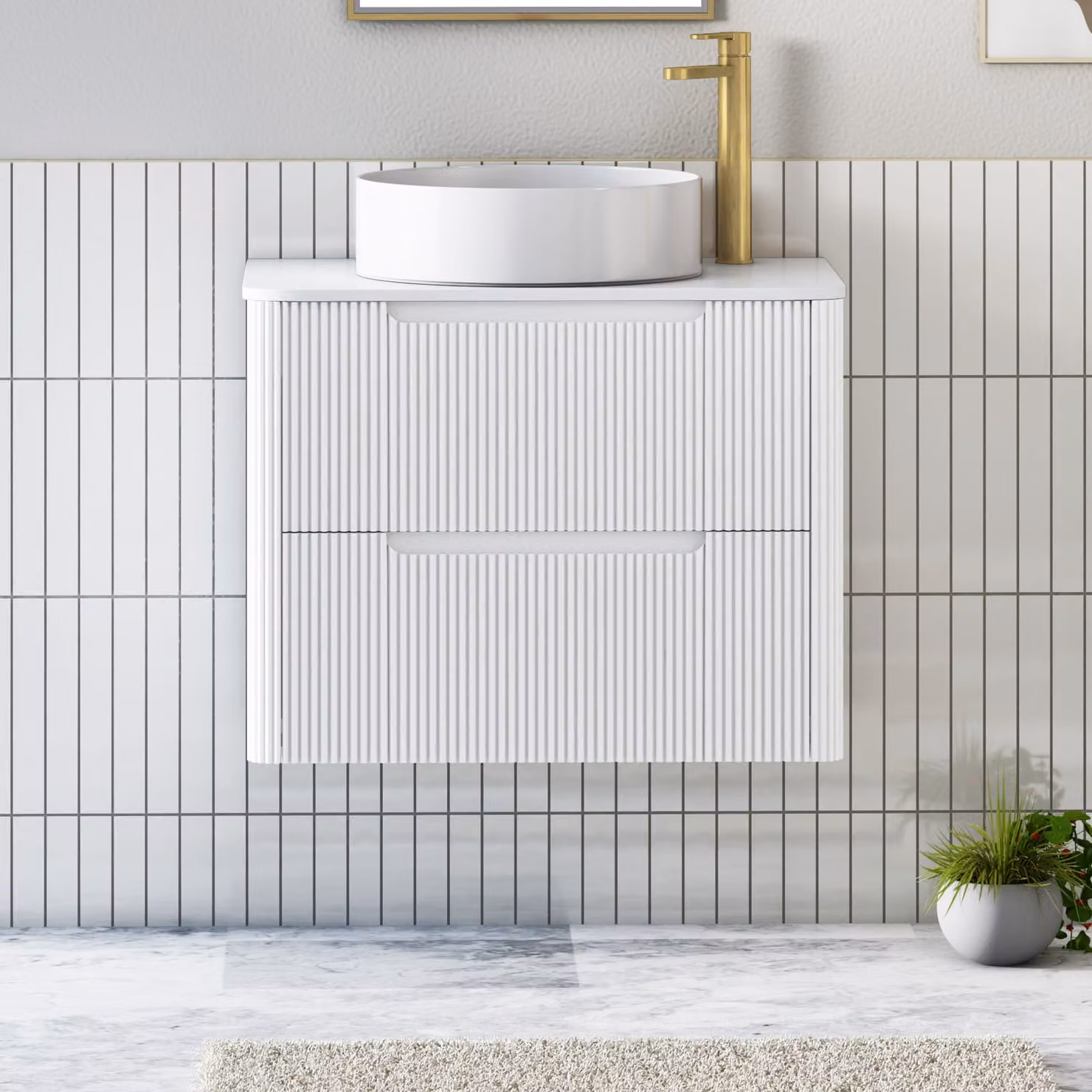Royal Bathrooms Avenza Matt White Wall Hung Vanity Unit with 2 Drawers and Art Basin, Width: 70 cm
