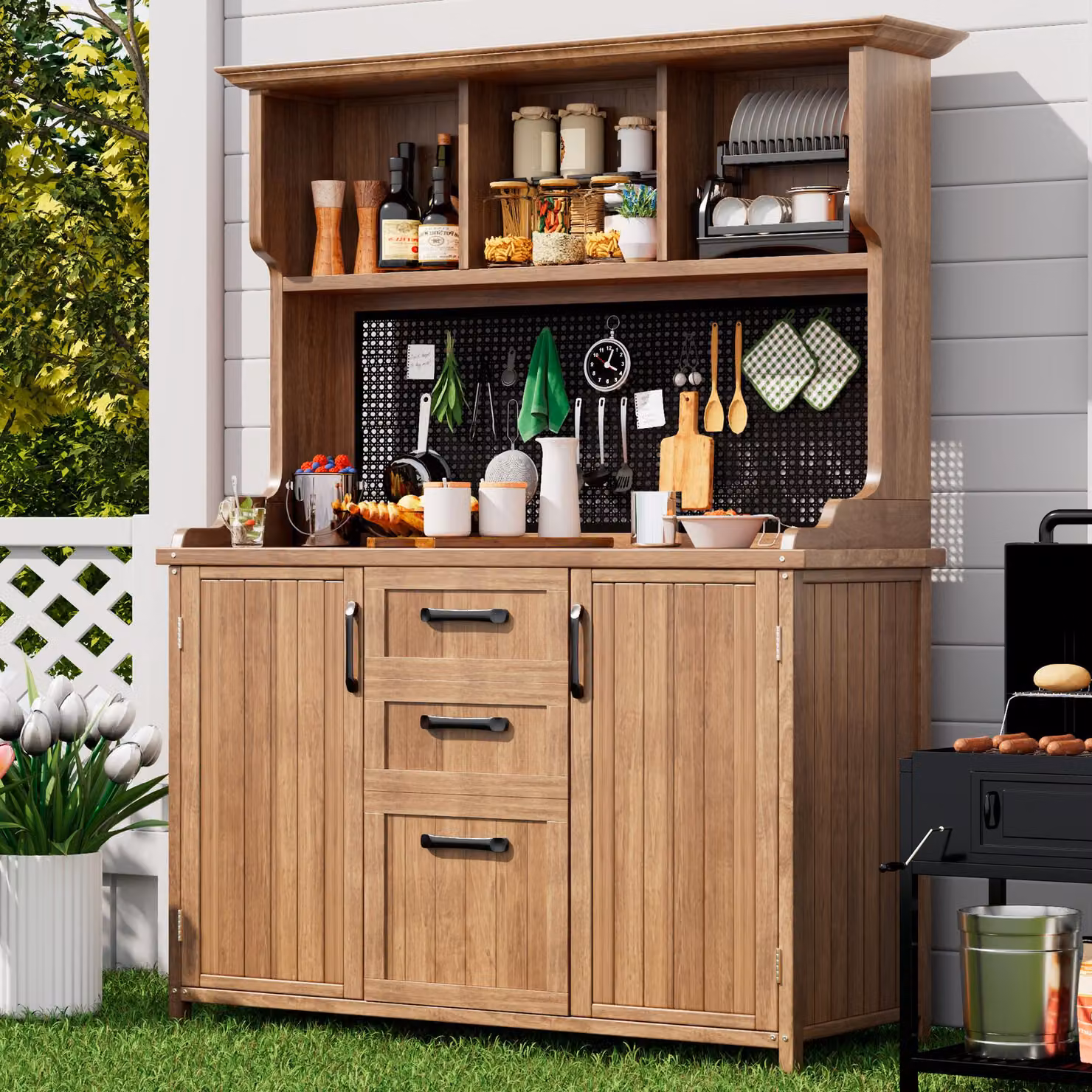 Aosom UK Rustic Brown Freestanding Outdoor Storage Cupboard with Drawers and Shelves, H x W x D: 185 x 50 x 50 cm – 8