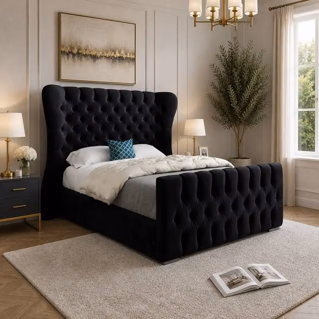 Casani Rendlesham Super King Upholstered Velvet Designer Bed Frame in Black, W/D/H: 200 x 189 x 137 cm – 1