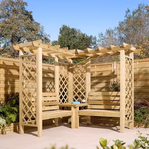 Rowlinsons Richmond Corner Arbour in Natural Brown Pine Wood, W: 211 cm, D: 211 cm, H: 194 cm
