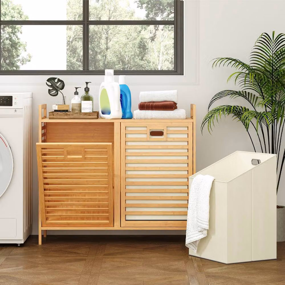 Gymax Double Tilt-out Bamboo Laundry Hamper Sorter, 75L, Beige – 2