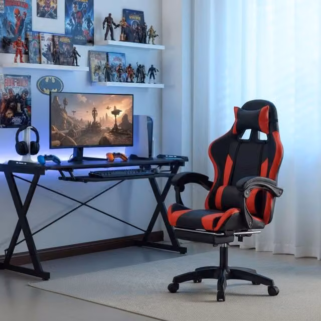 Home Source Racing Style Gaming Chair in Black and Red with Adjustable Backrest, Footrest and Headrest, H 120 x W 60 x D 43 cm