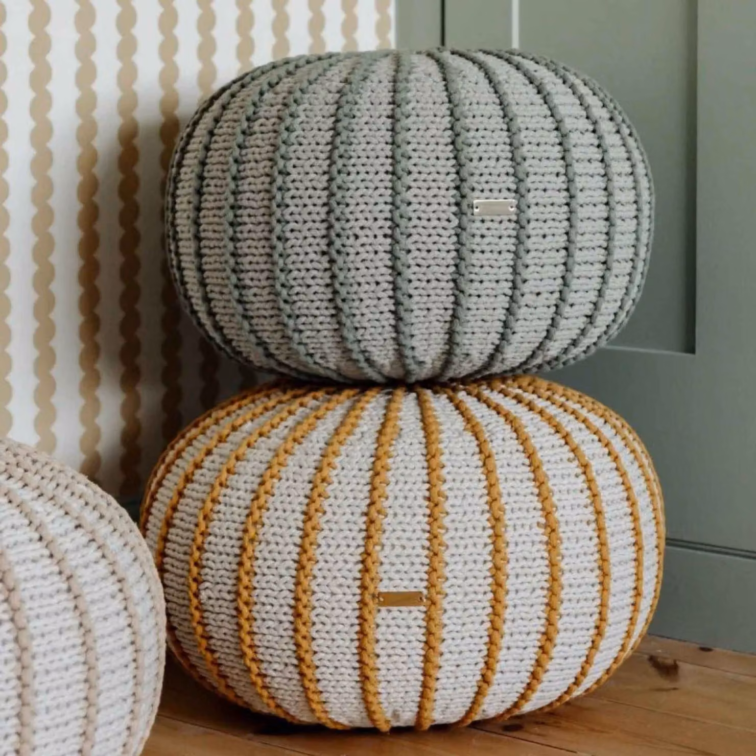 Zuri House Ziggy Knitted Pouffe in Light Olive Green – 2
