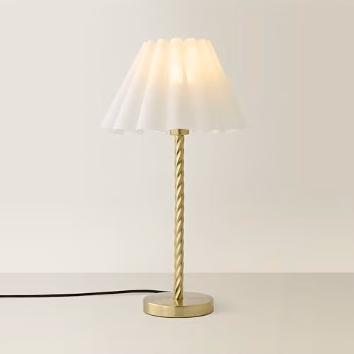 ValueLights Maura White Scallop Pleated Tapered Table Lamp with Brushed Gold Twist Base and Bulb