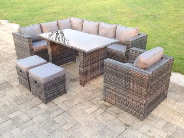 Fimous 8 Seater Rattan Corner Sofa Set with Rectangular Dining Table in Dark Grey