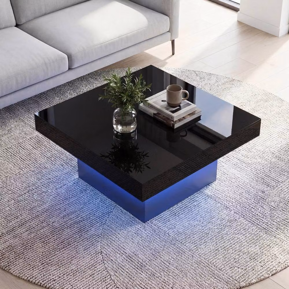 VOGREX Square LED Coffee Table in Black with Glossy Glass Top – 2
