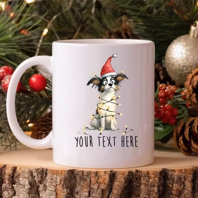 60 SECOND MAKEOVER Personalised Papillon Christmas Lights Santa Hat Ceramic Mug in White
