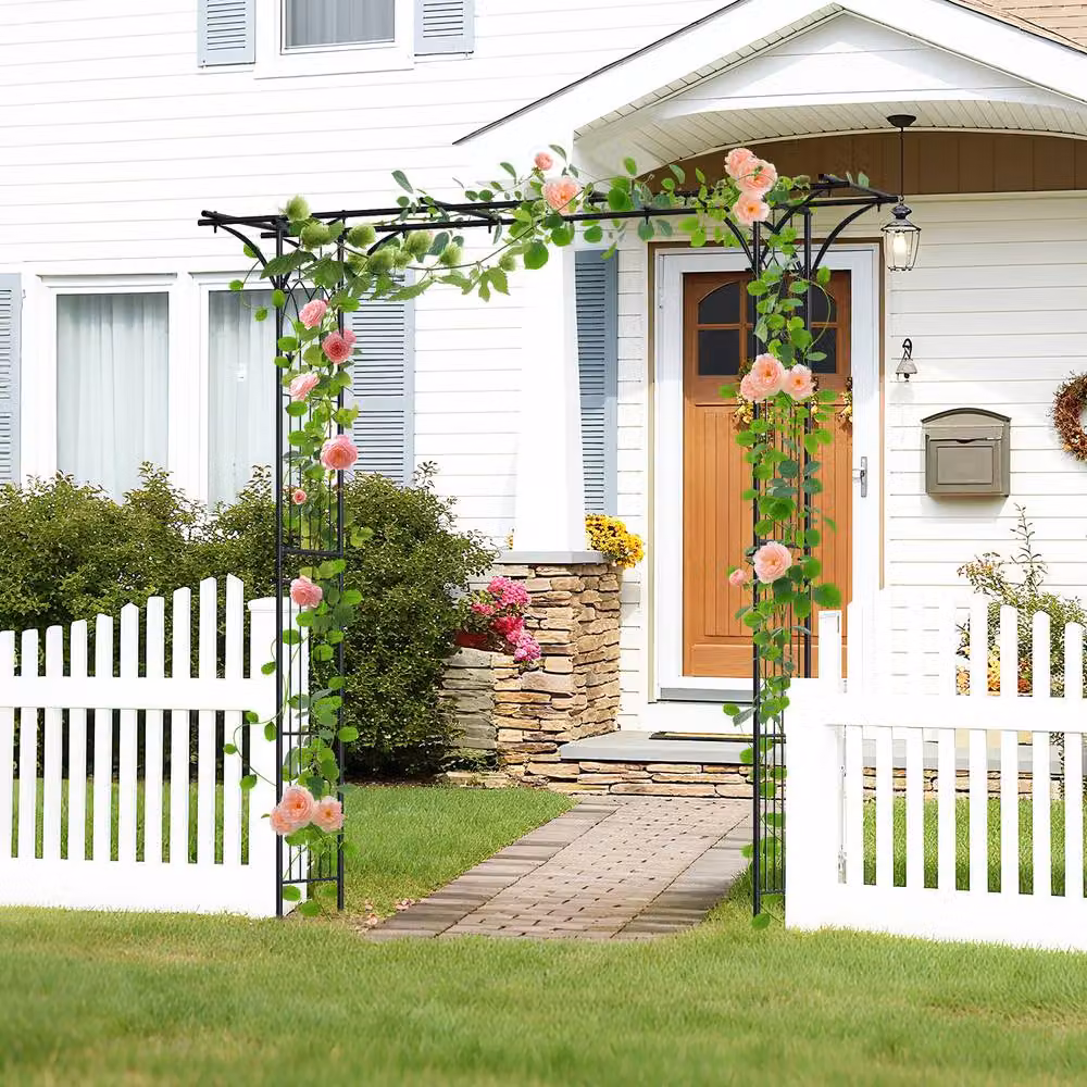 Gymax Metal Garden Arbor with Flat Top and Extended Roof in Black – 3