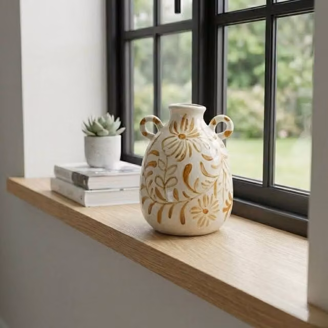 Garden Greatness Golden Bloom Floral Ceramic Vase in Gold, Yellow, Multicolour and White, H 24.0 cm x W 17.5 cm x D 17.5 cm