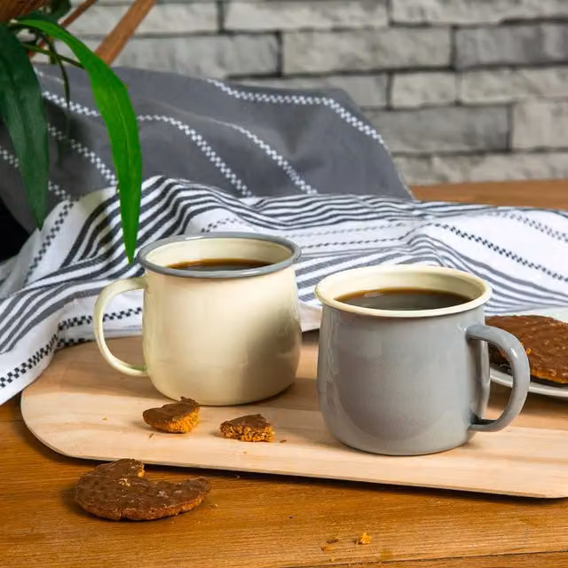 Argon Tableware Grey and Cream Coloured Enamel Belly Mug, 375ml