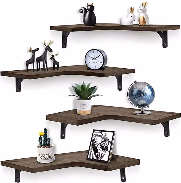 Kelvenix 4 Piece Wooden Wall Mounted Corner Display Shelves in Brown – 1