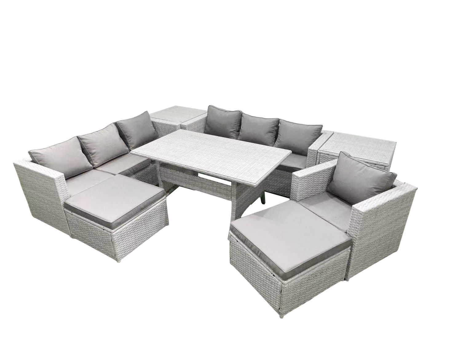 Fimous 9 Piece Grey Rattan Outdoor Sofa Set with Cushions, Dining Table, Armchair, Side Tables and Footstools – 2