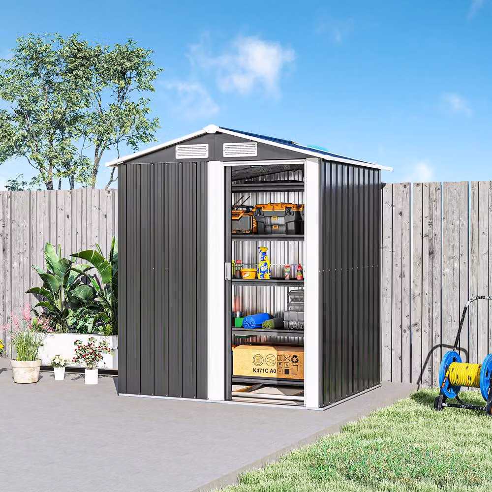 Rolipo Metal Garden Shed with Sliding Door and Foundation, Dark Grey, W: 152 cm, D: 132 cm, H: 188 cm – 7