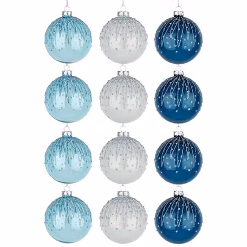 Shatchi 12-Piece Set of Blue and White Glass Christmas Baubles, 8 cm Round Hanging Ornaments