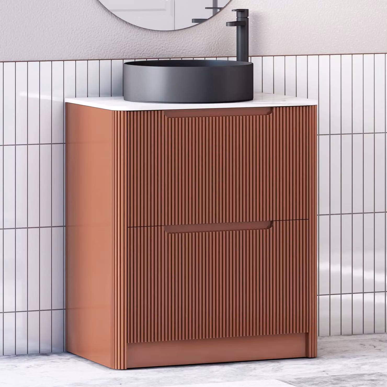 Royal Bathrooms Avenza 800mm Terracotta Clay Floor Standing 2 Drawer Vanity Unit with Black Art Round Basin