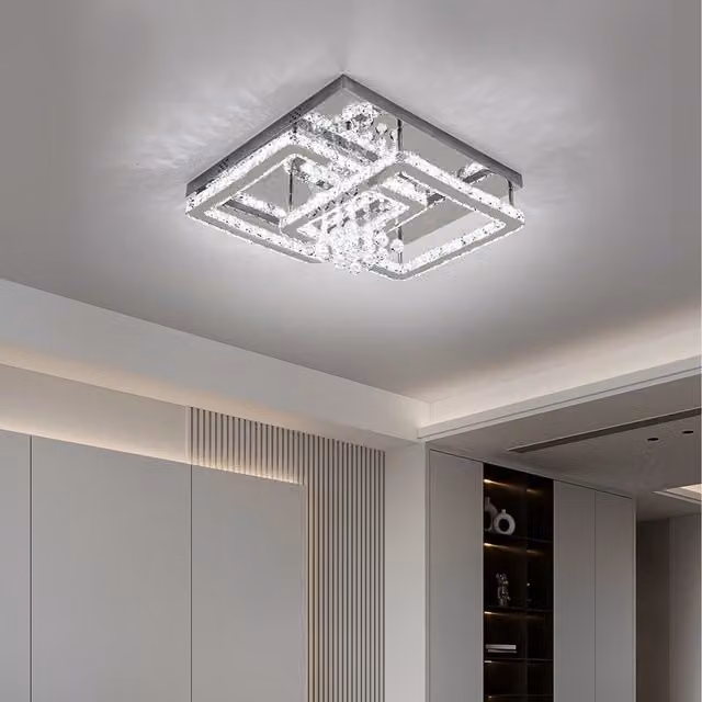Komore Square Crystal Ceiling Light with Pendants in Silver and Transparent Stainless Steel