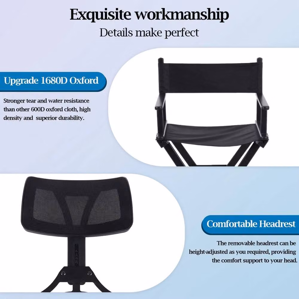 PAWNORA Folding Makeup Artist Chair with Headrest and Armrests in Black – 5