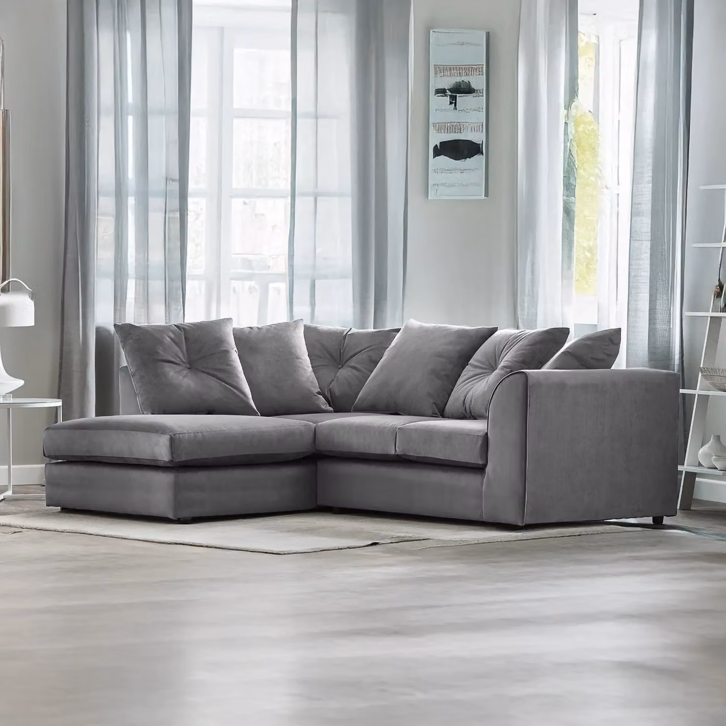 Furnishings For Less UK Fernando Left Hand Facing L Shaped Corner Sofa in Grey Soft Plush Velvet with Scatter Back – 2