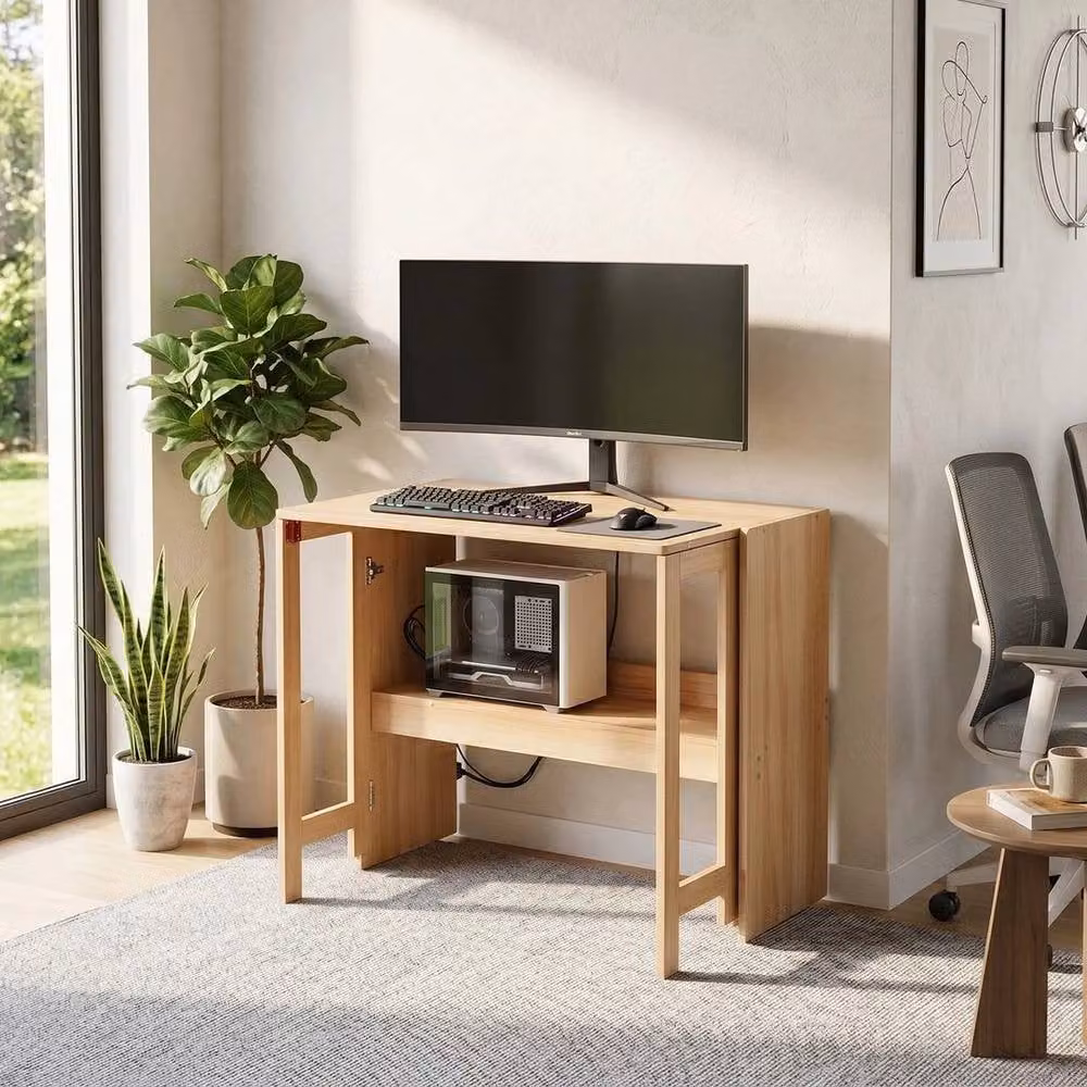 KORVIXA Natural Wooden Drop Leaf Desk, Brown, W/D/H: 100 x 100 cm – 2