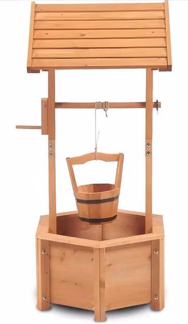 FLAVORA Rustic Wooden Wishing Well Planter in Brown, H 95.5 x W 43.0 x D 43.0 cm