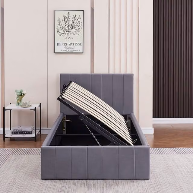 Kosy Koala Grey Velvet Upholstered Single Ottoman Bed W/D/H: 100 x 200 x 106 cm