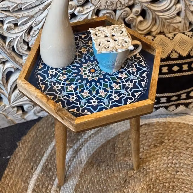 Hartsmede Marrakesh Handmade Hexagonal Mango Wood Side Table in Blue, W/D/H: 36 x 36 x 47 cm