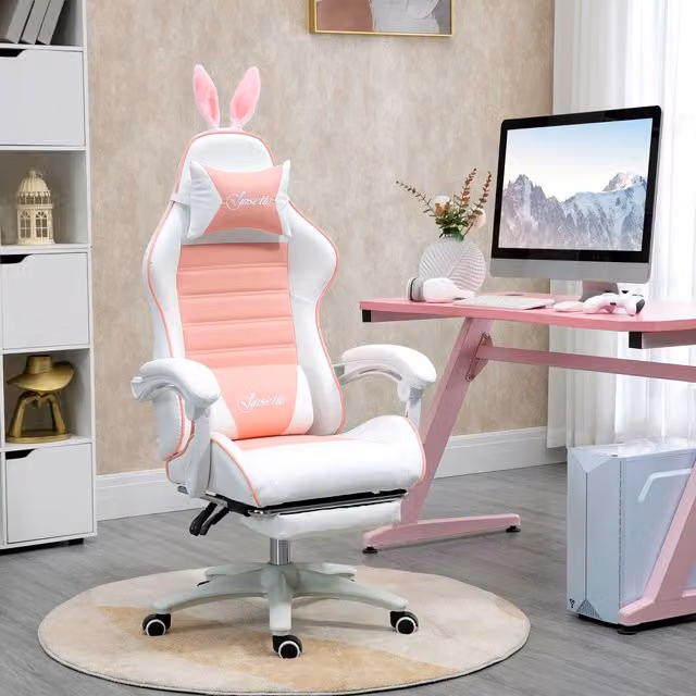 Vinsetto Racing Style Gaming Chair in Pink with Removable Rabbit Ears, Footrest and Headrest, H 120 x W 65 x D 63 cm – 1
