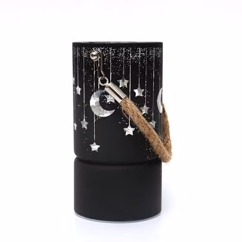 Shatchi Black and Gold Christmas Decorated Etched Glass Lantern Vase with LED Fairy Lights, Height: 17 cm – 2