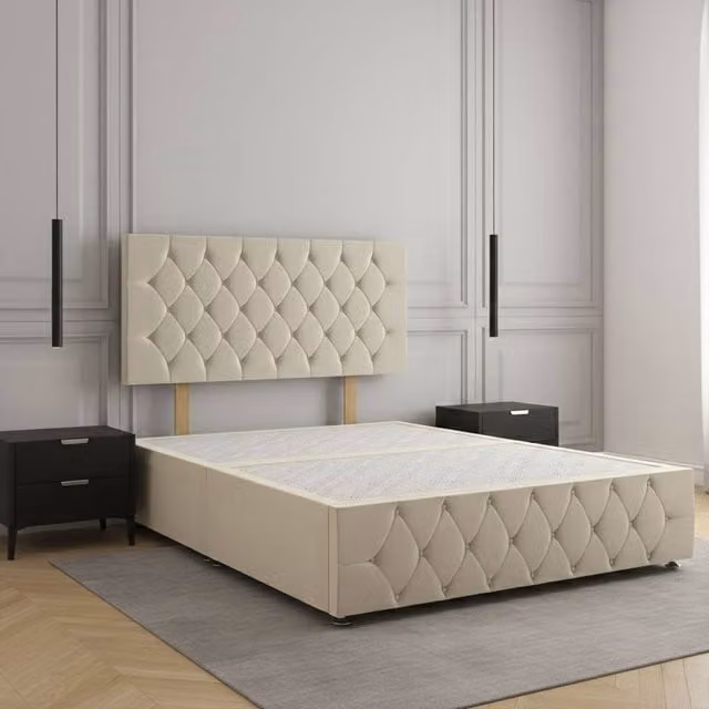 REGIONAL FURNISHINGS King Size Divan Bed with 24 inch Plush Velvet Headboard and Footboard in Beige, W/D/H: 180 x 200 cm