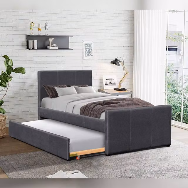 Comfy Living Ltd 3ft Single Upholstered Fabric Bed Frame with Trundle in Grey, W/D/H: 90 x 190 x 101 cm