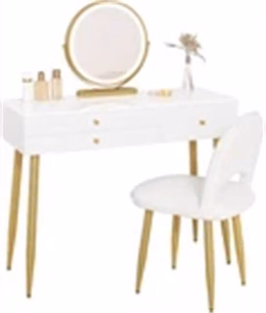 Nordara White Glossy Wood Dressing Table with Hollywood LED Makeup Desk and Stool, Width: 100 cm