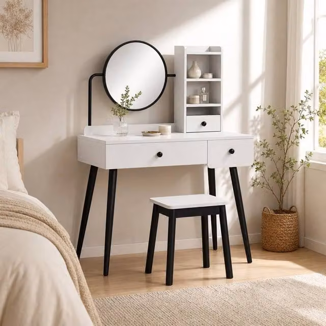 STILVORA Modern Dressing Table with Mirror, Stool and 3 Drawers in Grey – 1