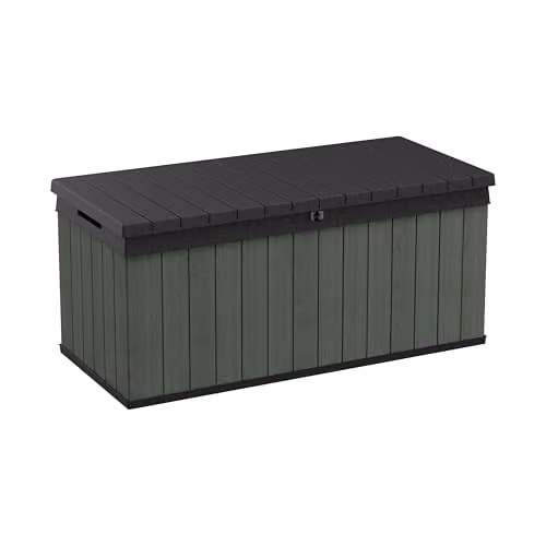 Keter Darwin 454L Outdoor Storage Box and Bench in Green, featuring Evotech Wood-Effect Composite and a Lockable Hydraulic Lid – 1