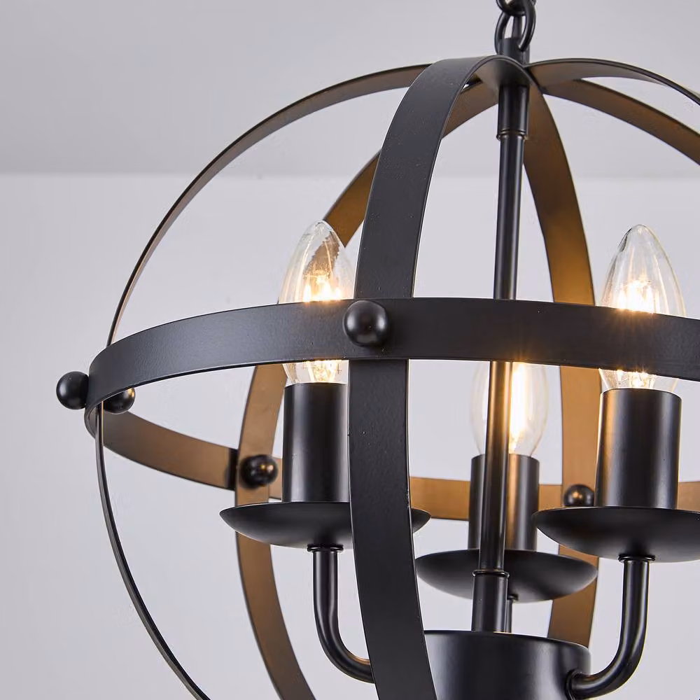 NIVOR 3 Light Industrial Globe Vintage Chandelier, Black Spherical Pendant with Transparent Glass and E14 Base – 3